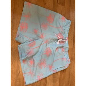 Shein Mens Swim Trunks Light Blue Neon Pink Palm Tree Tropical Board Shorts XL
